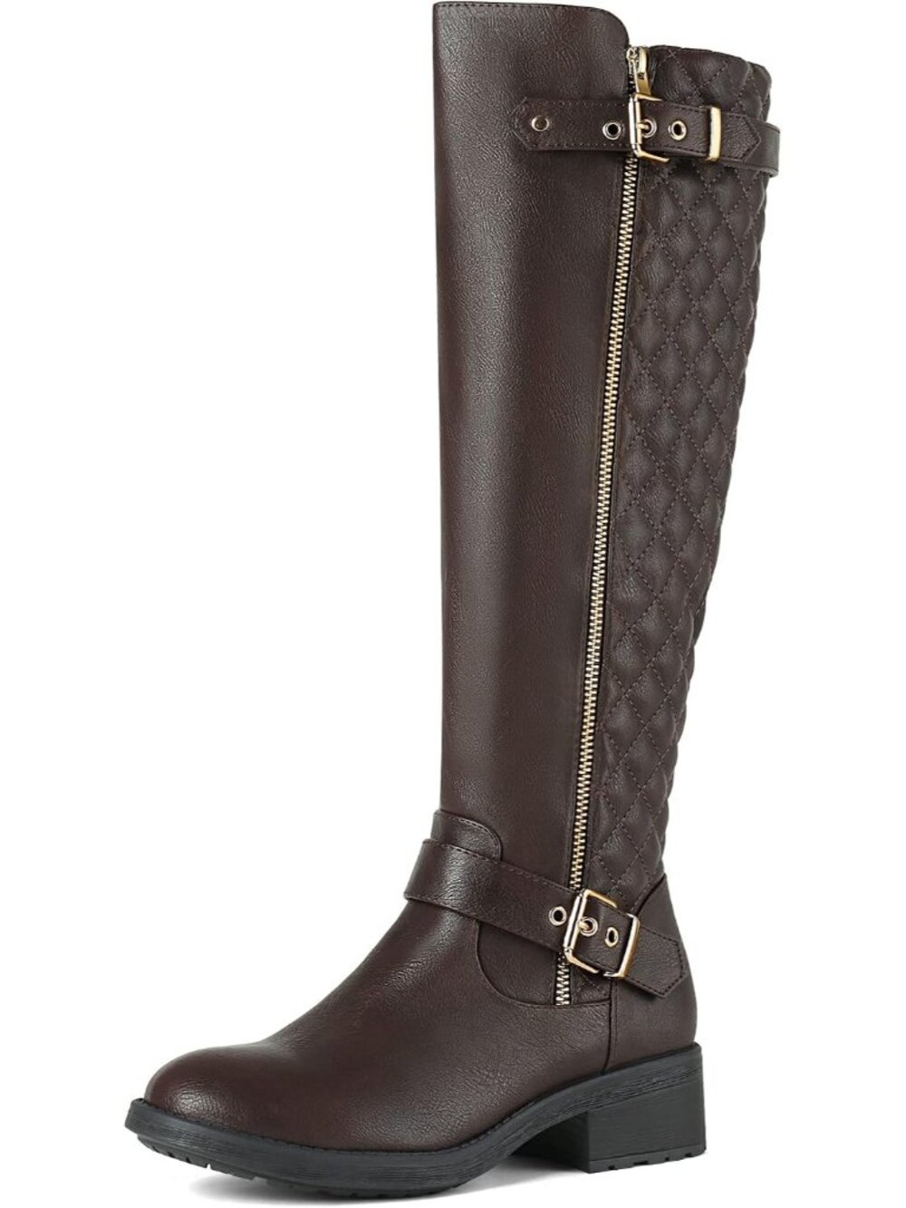 Women's Brown Comfortable Chunky Block Heel Round Toe Side Zipper Knee High Boot
